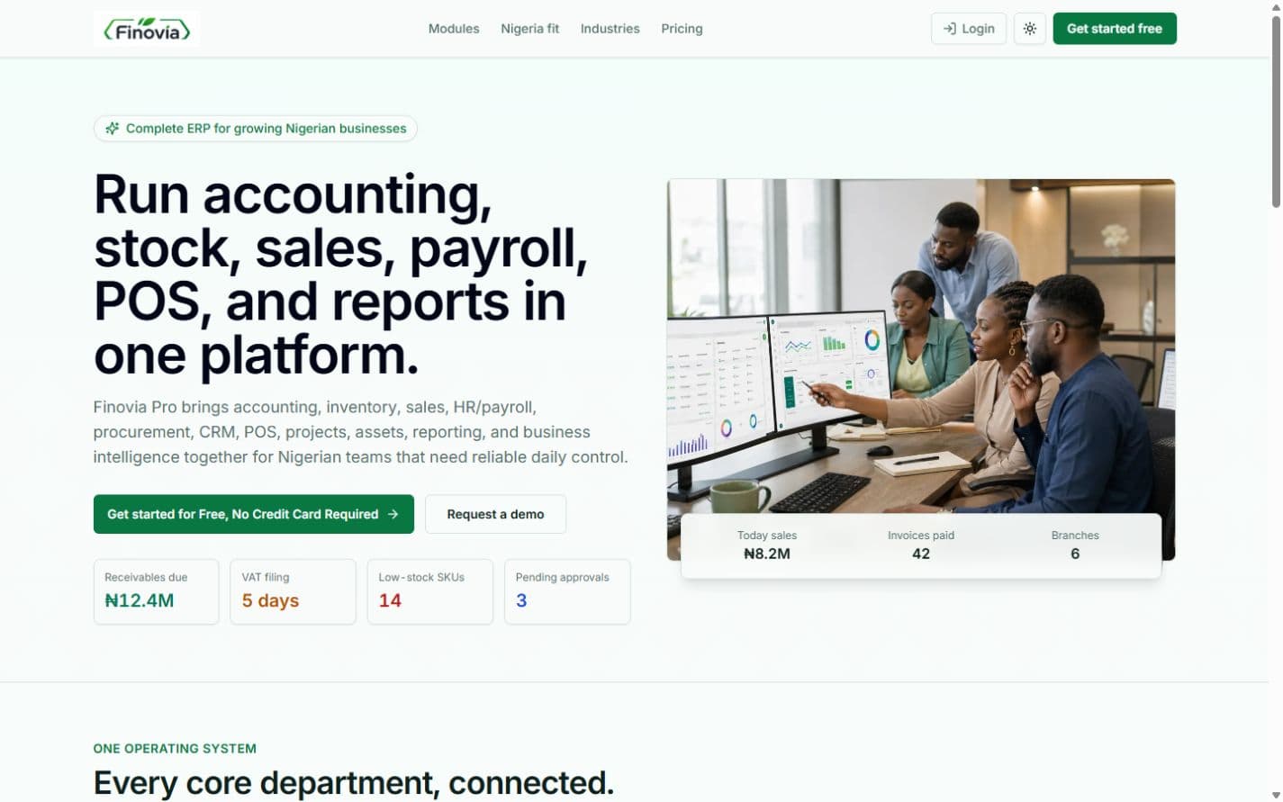 Finovia ERP public website showing its connected business operations platform