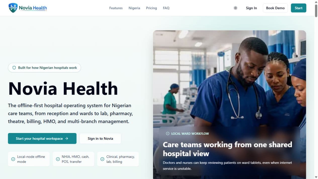 Novia Health public website showing its hospital operating system