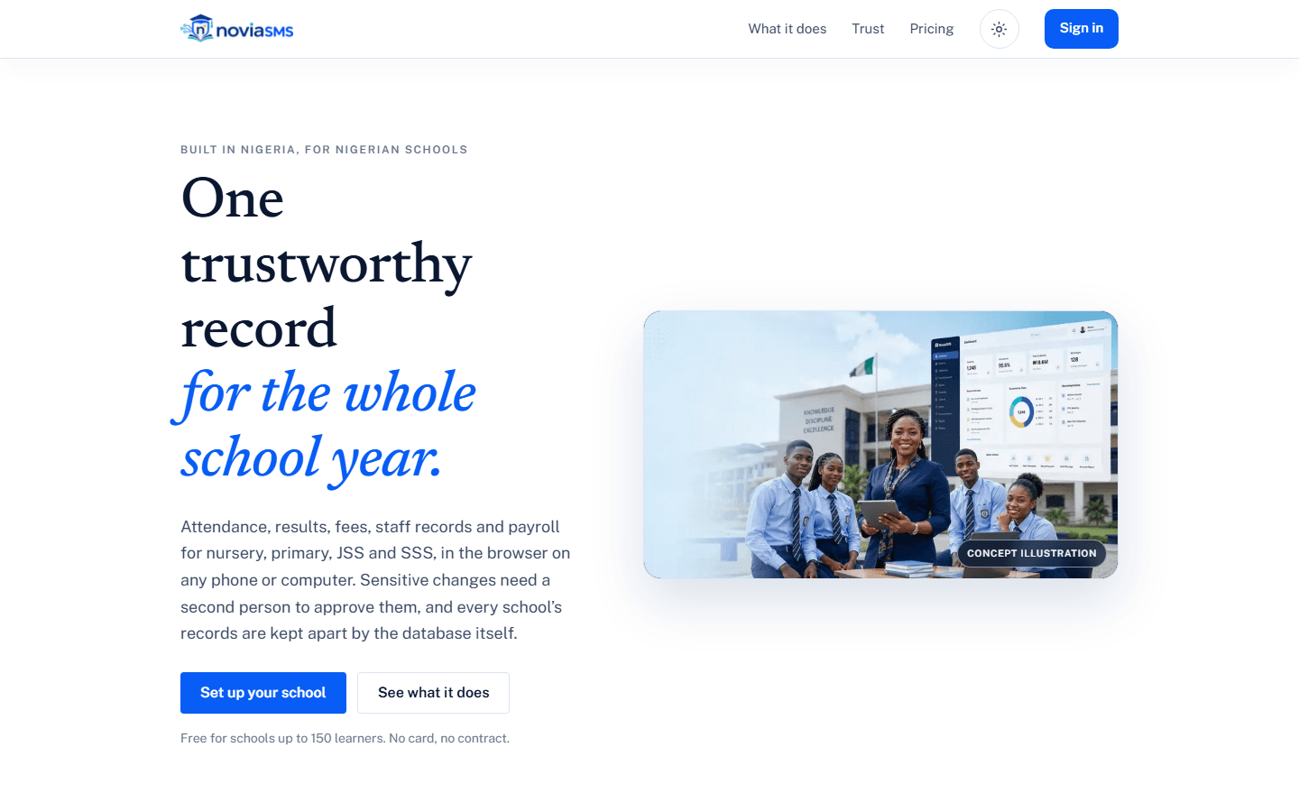 NoviaSMS website presenting Novia School management software for Nigerian schools