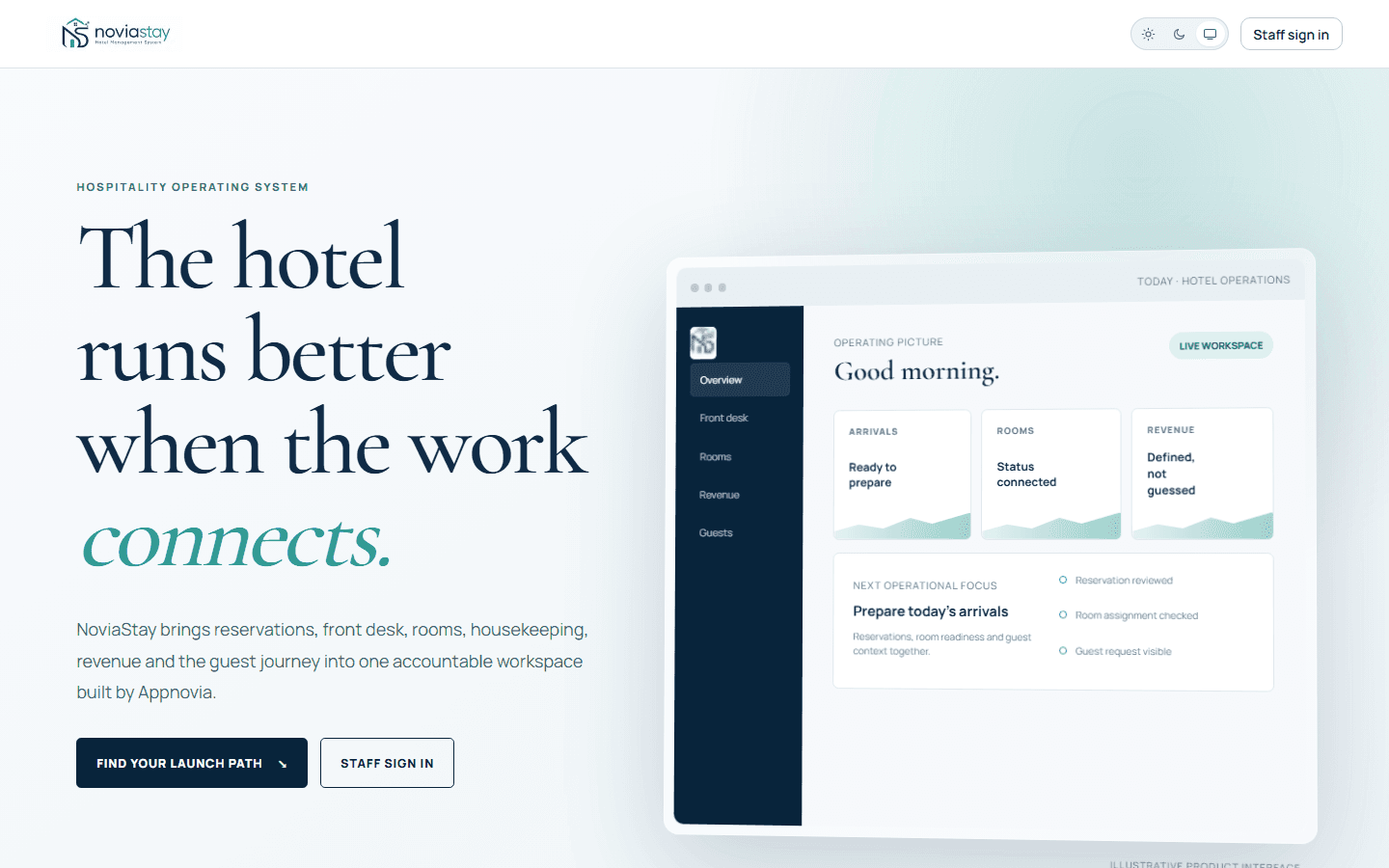 NoviaStay website presenting its connected hotel management and hospitality operations platform